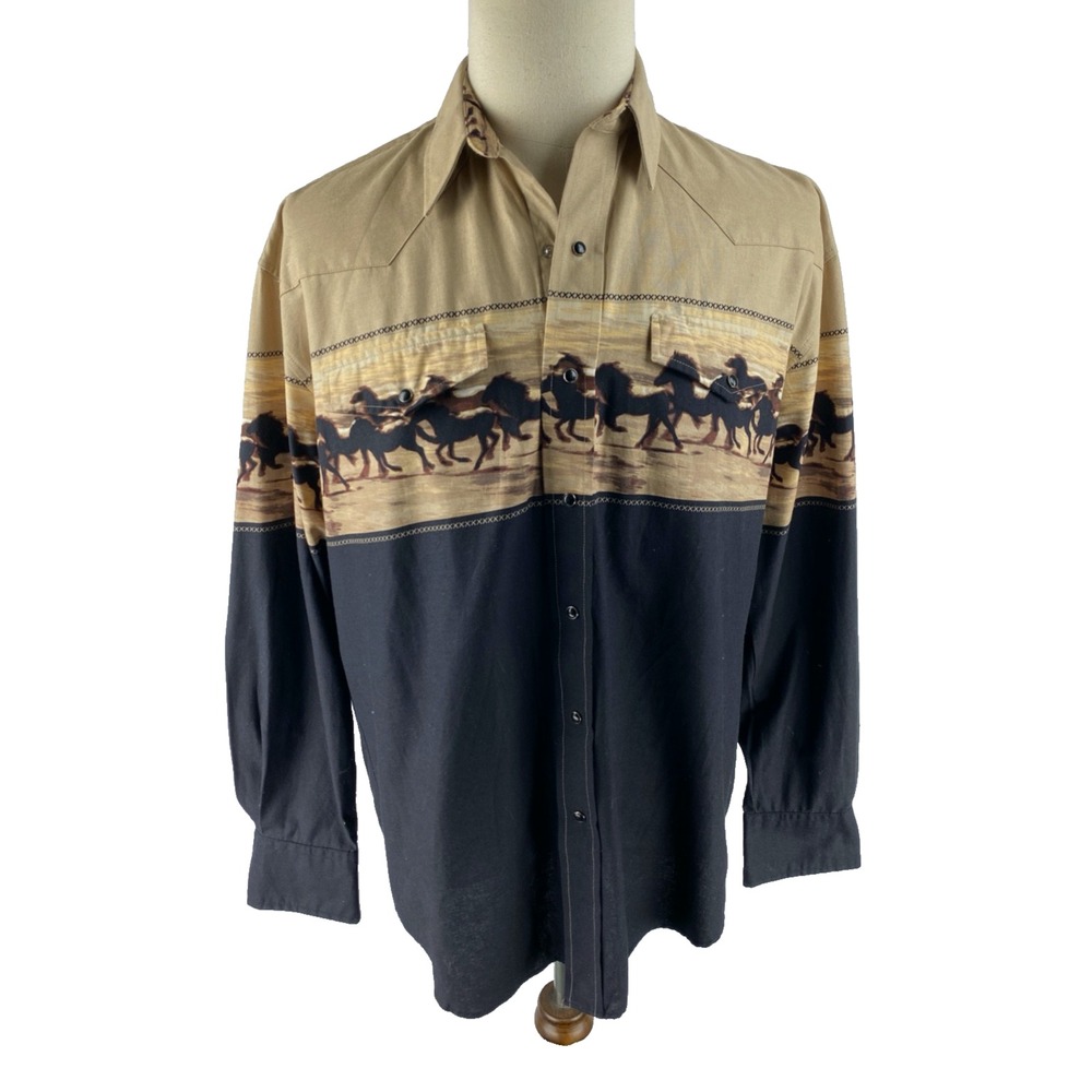Roper Mens M Art‎ to Wear Rodeo Western Pearl Snap Shirt Horses Printed Yoke
